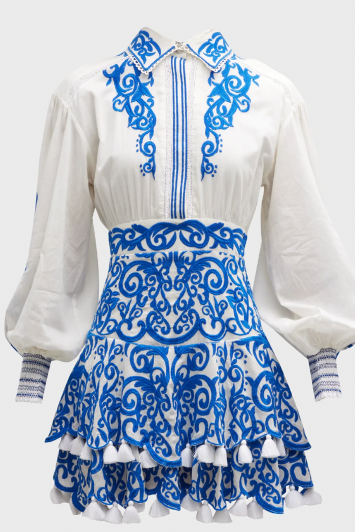 Alice + Olivia Loryn Embroidered Long Sleeve Tiered Mini Dress