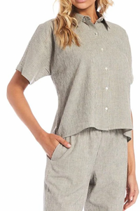 Eileen Fisher Organic Cotton Linen Ticking Stripe Classic Point Collar Short Sleeve Coordinating Shirt
