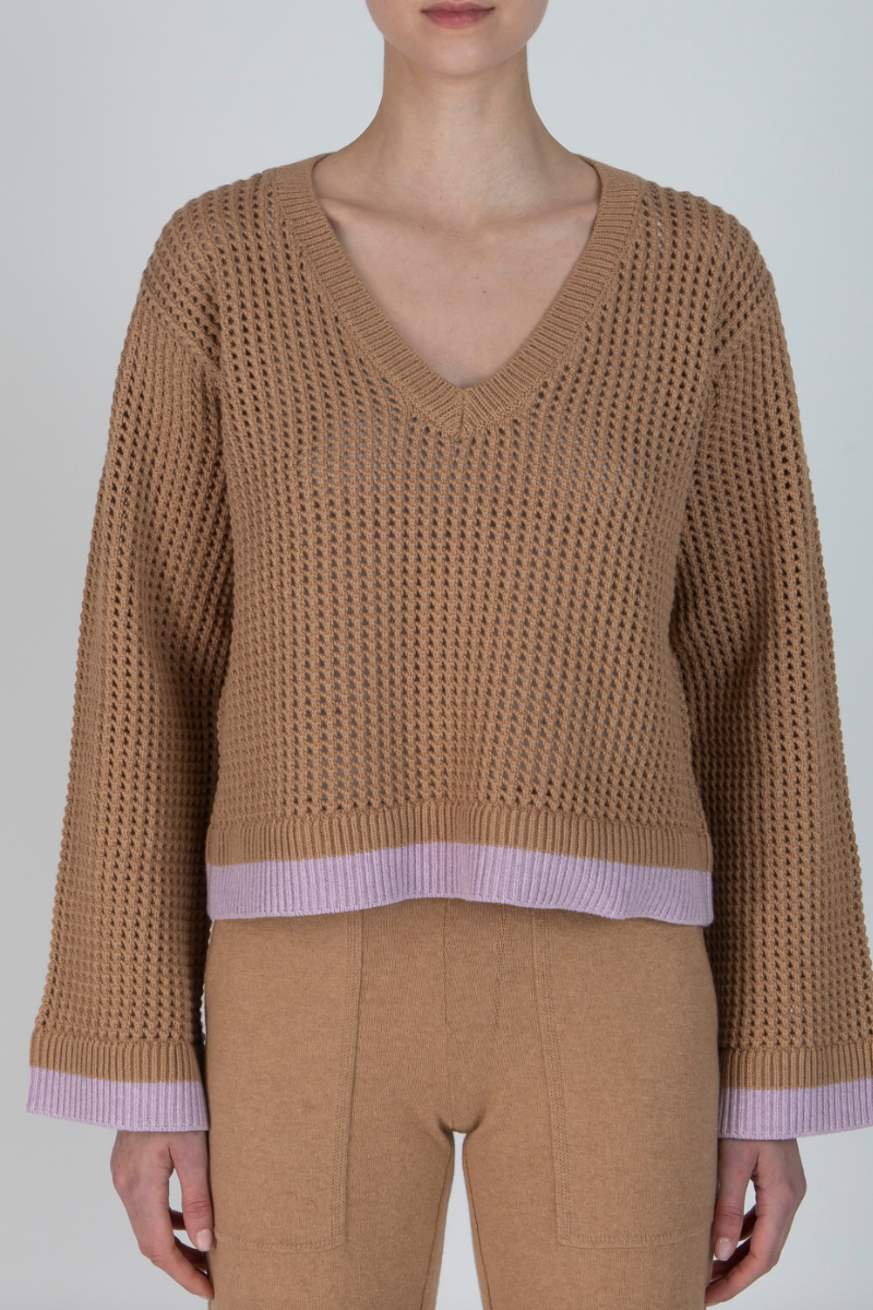 ATM Deep V-Neck Sweater With Contrast