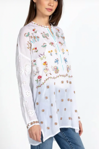 Johnny Was Sami White Eyelet Long Sleeve Embroidered Tunic Top
