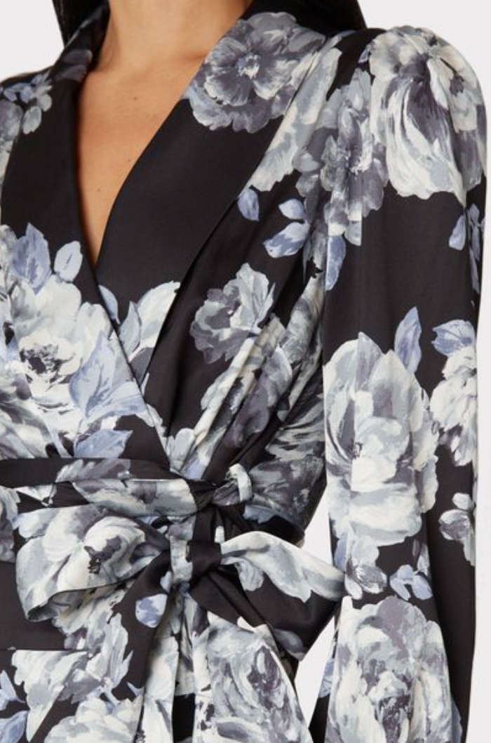 MILLY Women's Black Samara Winter Floral Satin Dress - AshleyCole Boutique