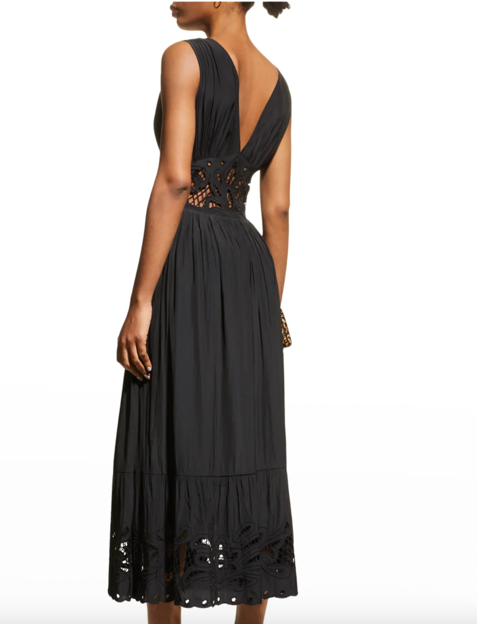 Ramy Brook Barb Embroidered Cut-Out Pleated Midi Dress