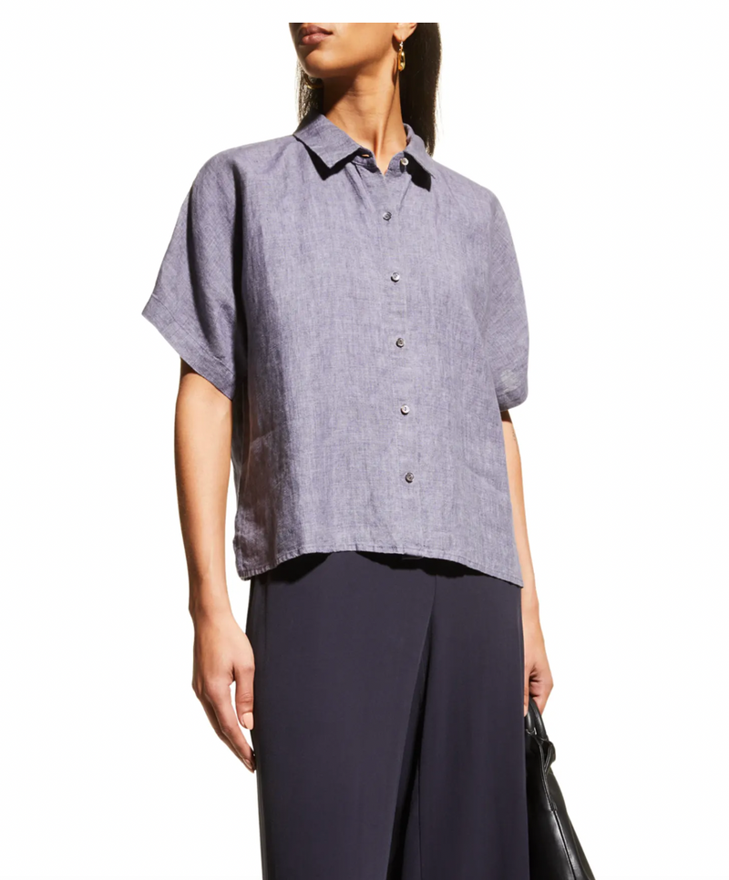 Eileen Fisher Short-Sleeve Button-Down Organic Linen Shirt