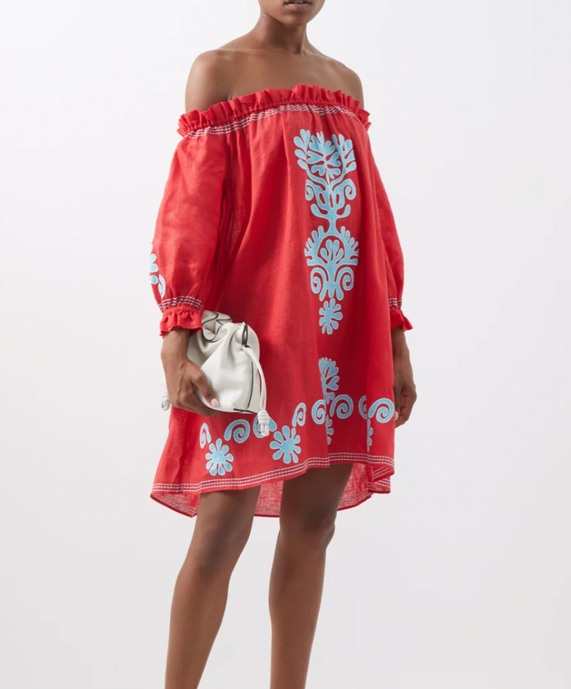 SALONI Gaby Ruffled Off-The-Shoulder Linen Dress