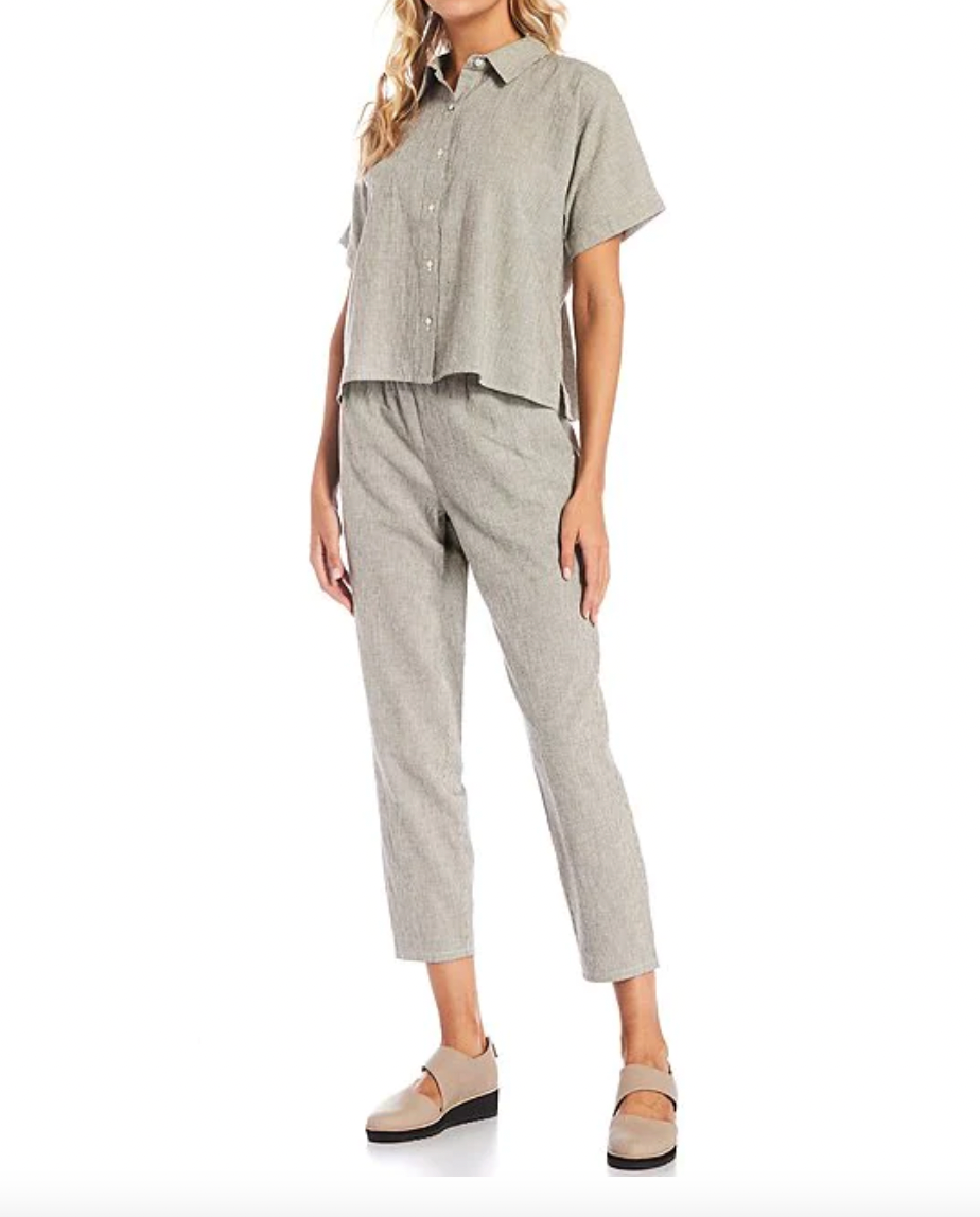 Eileen Fisher Organic Cotton Linen Ticking Stripe Classic Point Collar Short Sleeve Coordinating Shirt
