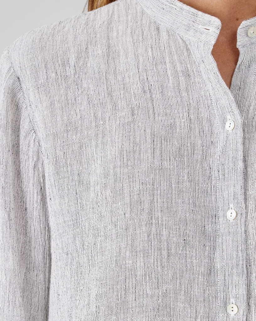 Eileen Fisher Striped Organic Linen Crinkle Mandarin Collar Shirt