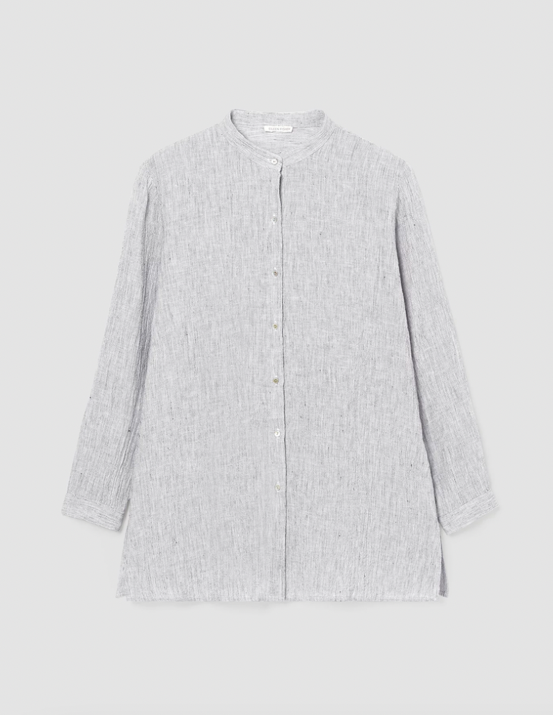 Eileen Fisher Striped Organic Linen Crinkle Mandarin Collar Shirt