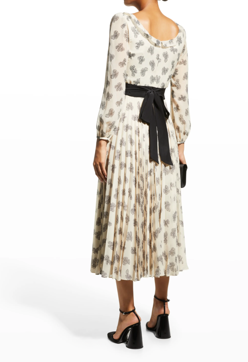 Denise Bow-Print Silk Pleated Midi Dress