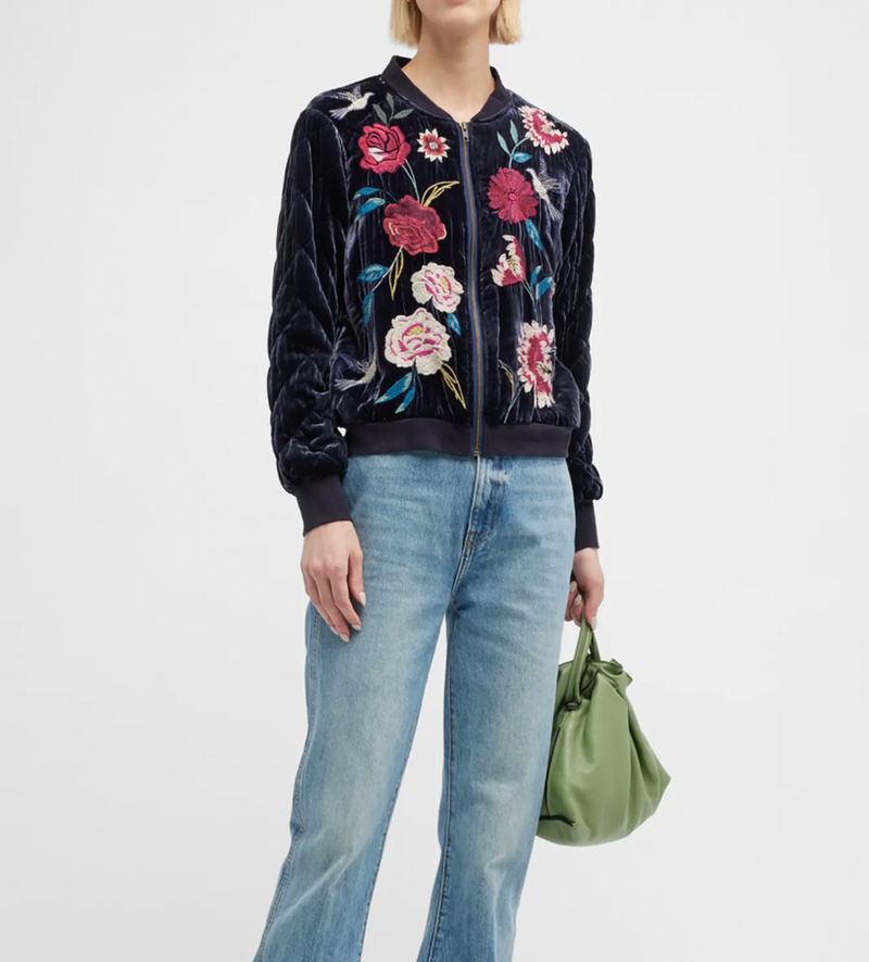 Johnny Was Junia Velvet Floral-Embroidered Bomber Jacket