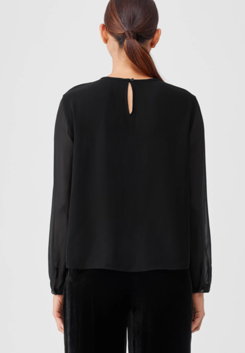 Eileen Fisher Silk Georgette Crepe Top with Sheer Sleeves Easy Fit, Basic Length