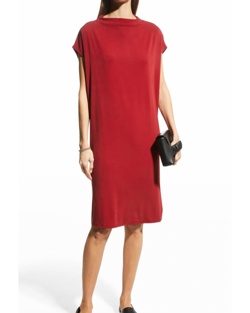 Eileen Fisher Sandwashed Cupro-Knit Funnel-Neck Dress - AshleyCole Boutique