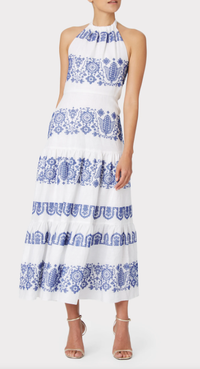 MILLY Dea Crosstitch Linen Embroidered Tiered Maxi - AshleyCole Boutique