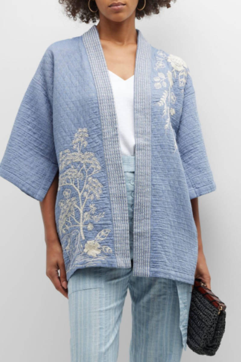 Johnny Was Osiris Quilted Embroidered Chambray Kimono
