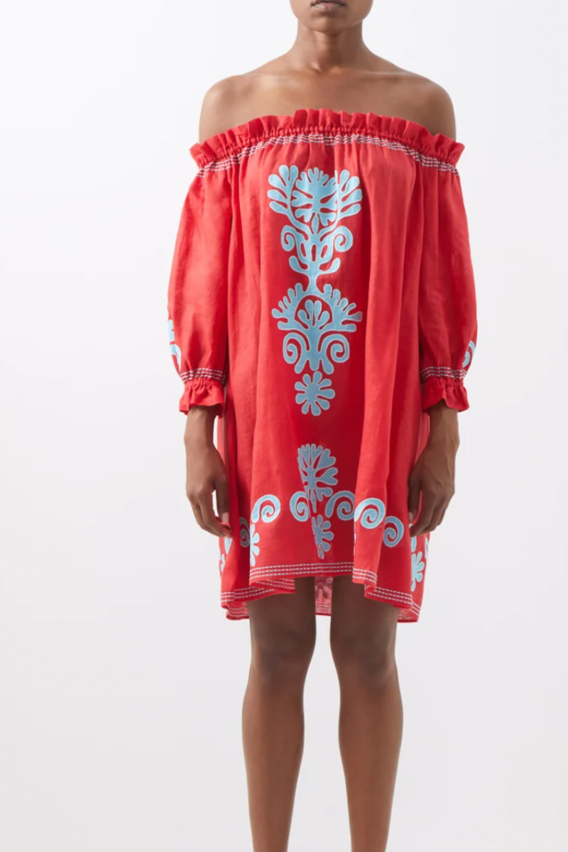SALONI Gaby Ruffled Off-The-Shoulder Linen Dress