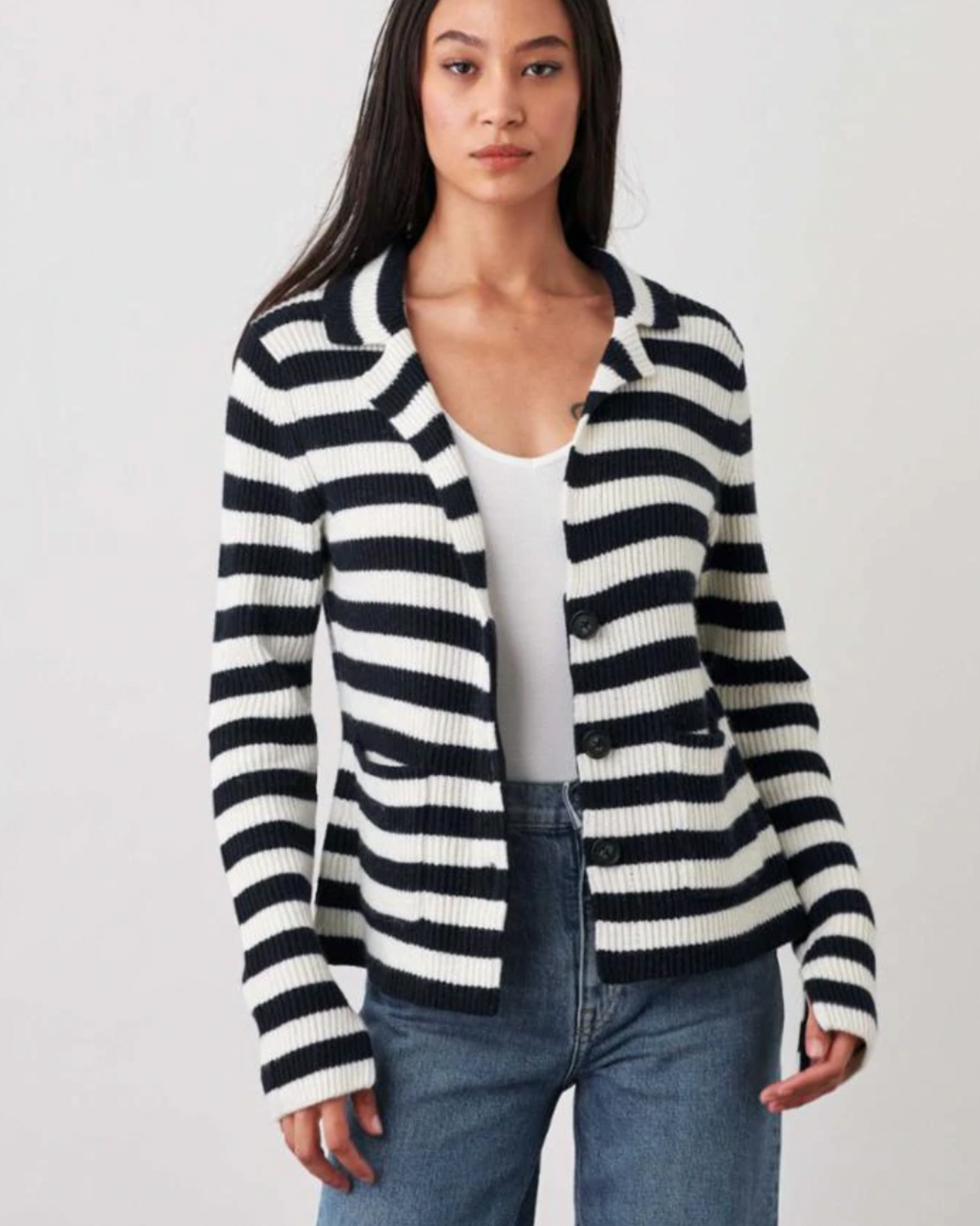 White + Warren Sustainable Cotton Knit Blazer - Navy/Pearl White Stripe