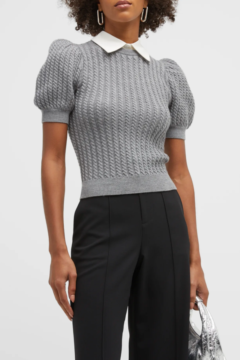 ALICE + OLIVIA Chase Cable-Knit Puff-Sleeve Sweater w/ Collar