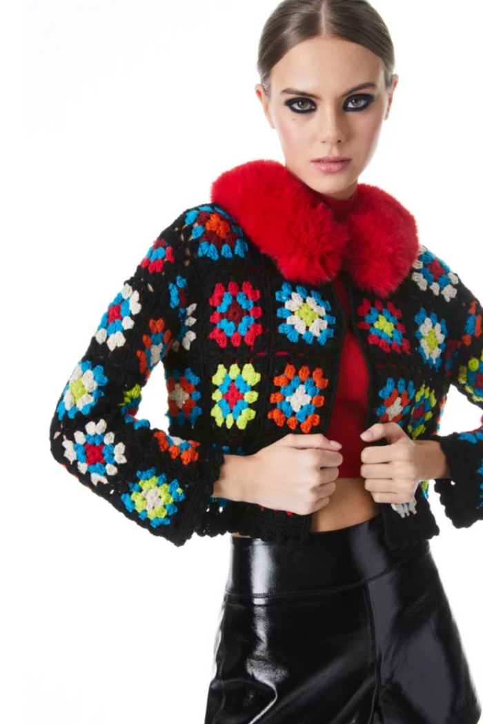 Alice + Olivia Anderson Cropped Faux Fur Collared Cardigan