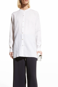 Eileen Fisher Mandarin-Collar Boxy Long Linen Shirt