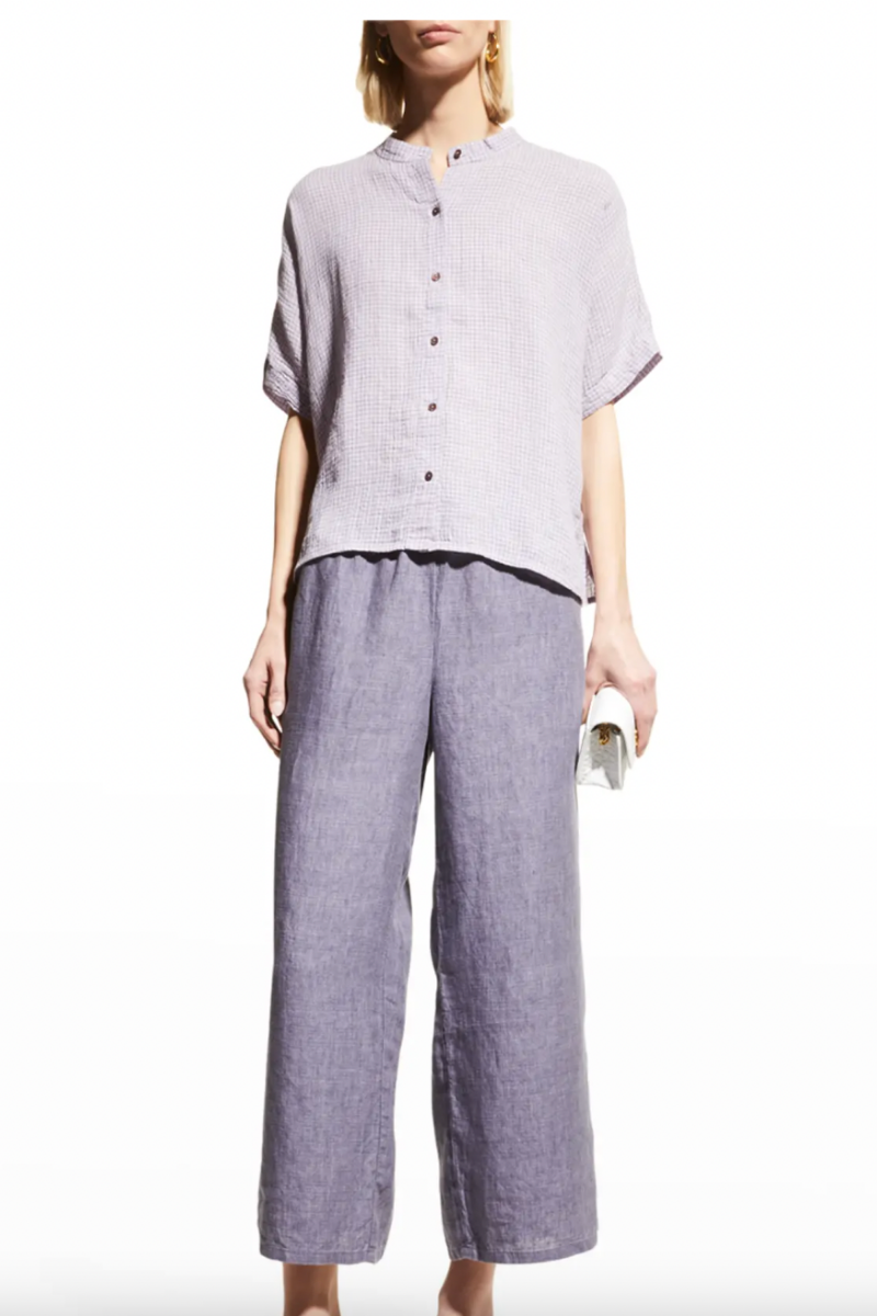 Eileen Fisher Cropped Organic Linen Delave Wide-Leg Pants