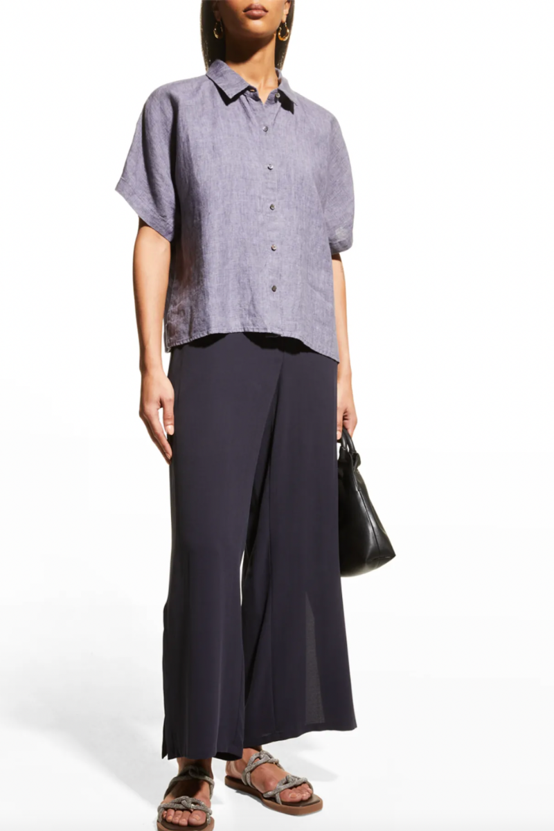 Eileen Fisher Short-Sleeve Button-Down Organic Linen Shirt